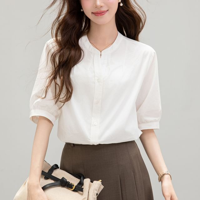 Omibayo-Puff-Sleeve Notch Neck Plain Shirt
