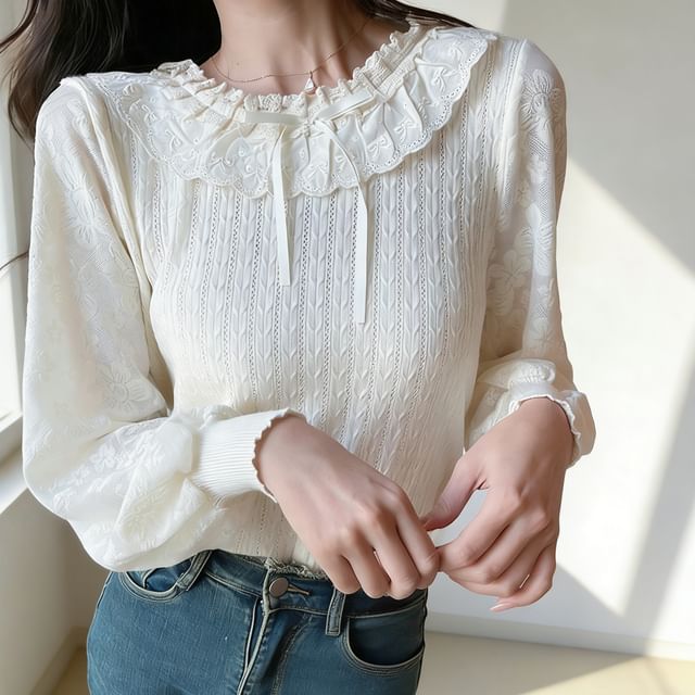 Omibayo-Puff-Sleeve Plain Lace Collar Sweater