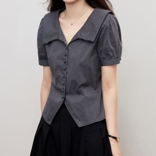 Omibayo-Puff-Sleeve V-Neck Pinstriped Shirt