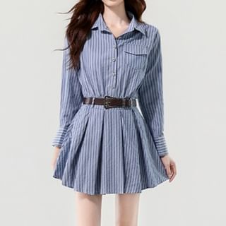 Omibayo-Set Long-Sleeve Striped Pleated Half-Buttoned Mini A-Line Shirt Dress Belt