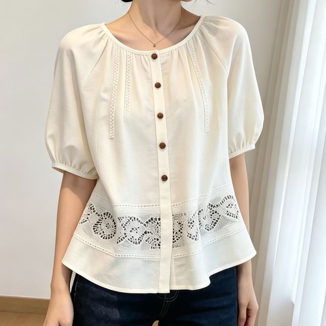 Omibayo-Short-Sleeve Crew Neck Lace Panel Button-Up Blouse