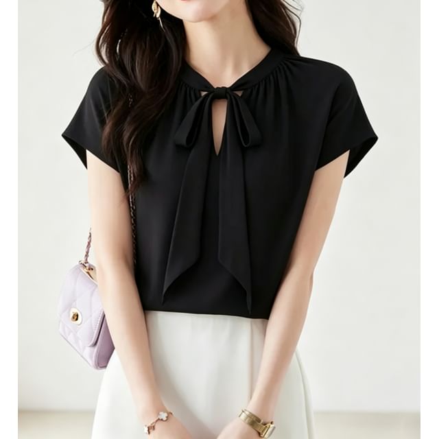 Omibayo-Short-Sleeve Tie-Neck Plain Blouse