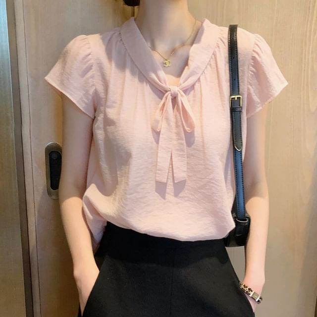 Omibayo-Short-Sleeve Tie-Neck Plain Blouse