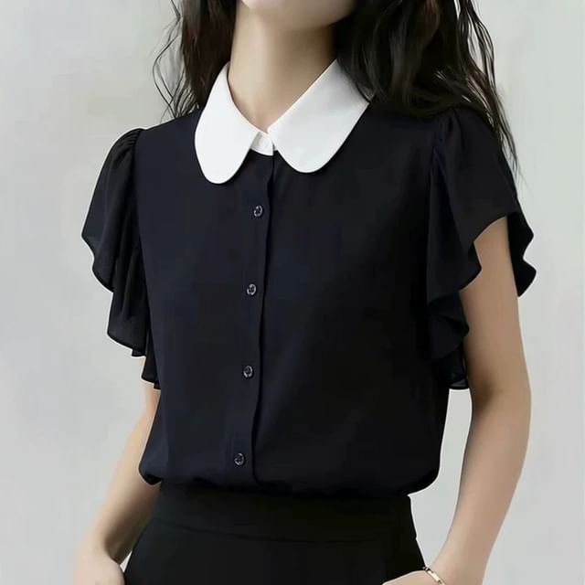 Omibayo-Short-Sleeve Two Tone Ruffle Shirt