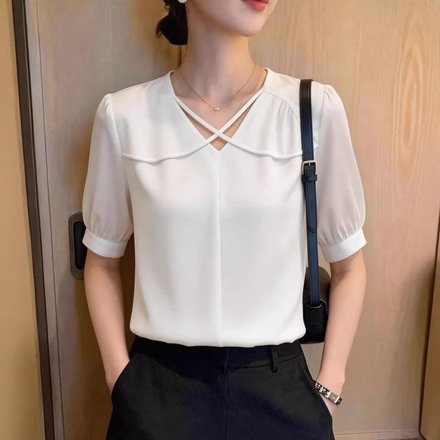 Omibayo-Short-Sleeve V-Neck Plain Satin Blouse