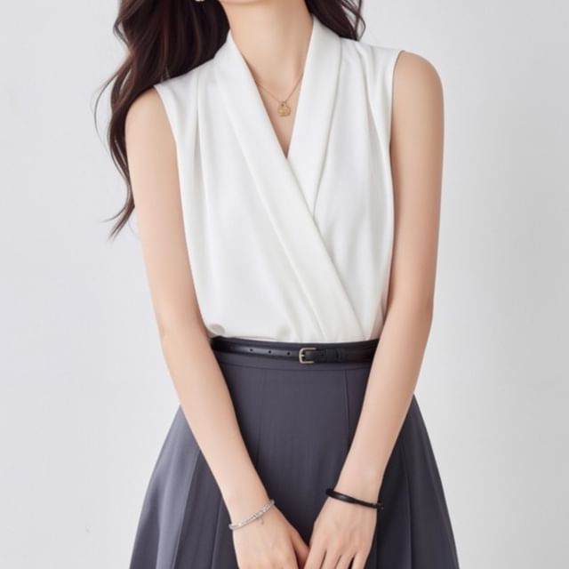 Omibayo-Sleeveless V-Neck Plain Satin Blouse
