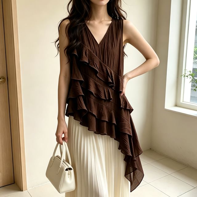 Omibayo-Sleeveless V-Neck Ruffled Asymmetrical Plain Long Top