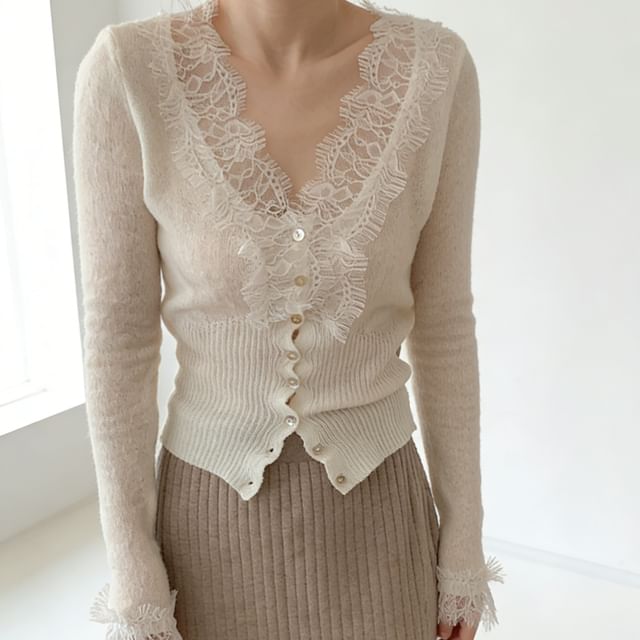 Omibayo-V-Neck Lace Panel Button-Up Sheer Cardigan