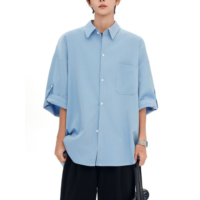 Omozando-34-Sleeve Collared Plain Button Up Shirt