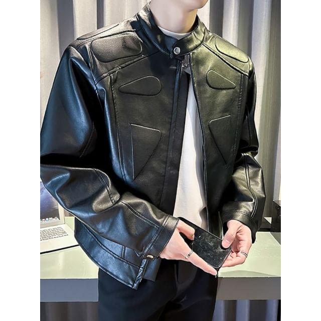 Omozando-Band Collar Plain Panel Faux Leather Zip Jacket
