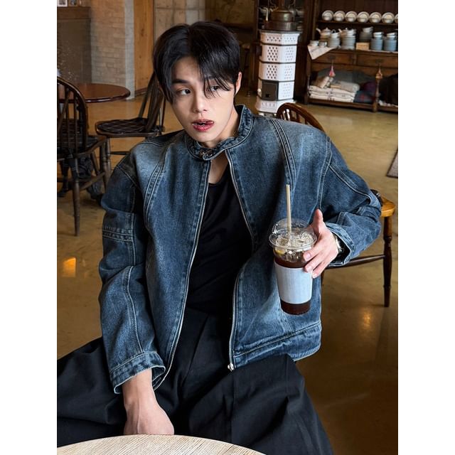 Omozando-Band Collar Washed Denim Zip Jacket