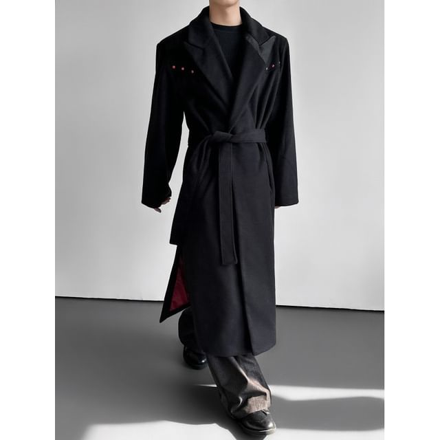 Omozando-Button-Up Sashed Plain Long Coat