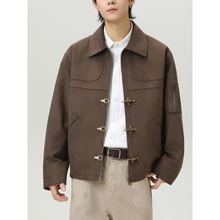Omozando-Collared Plain Panel Faux Suede Buckle Jacket