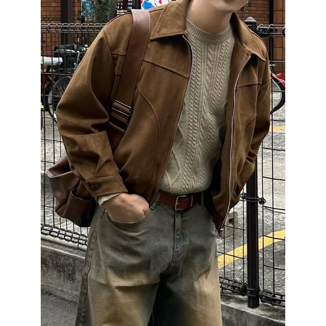 Omozando-Collared Plain Panel Faux Suede Zip Jacket