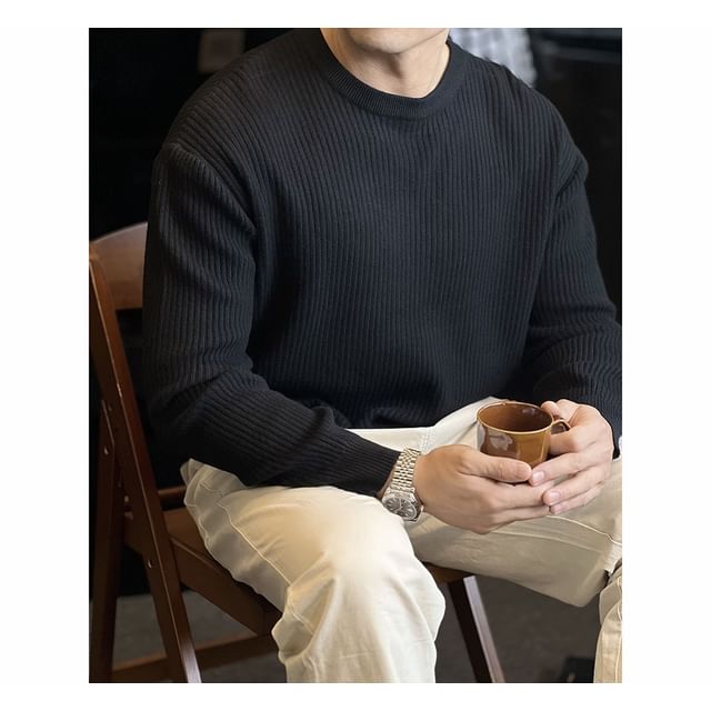 Omozando-Crewneck Ribbed Plain Sweater