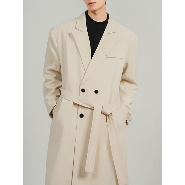 Omozando-Double Breasted Plain Long Trench Coat