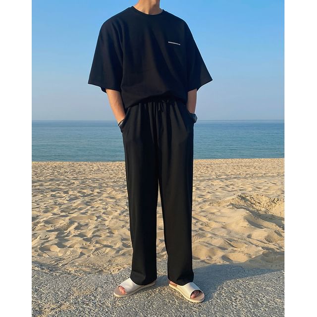 Omozando-Drawstring Waist Plain Straight Leg Pants