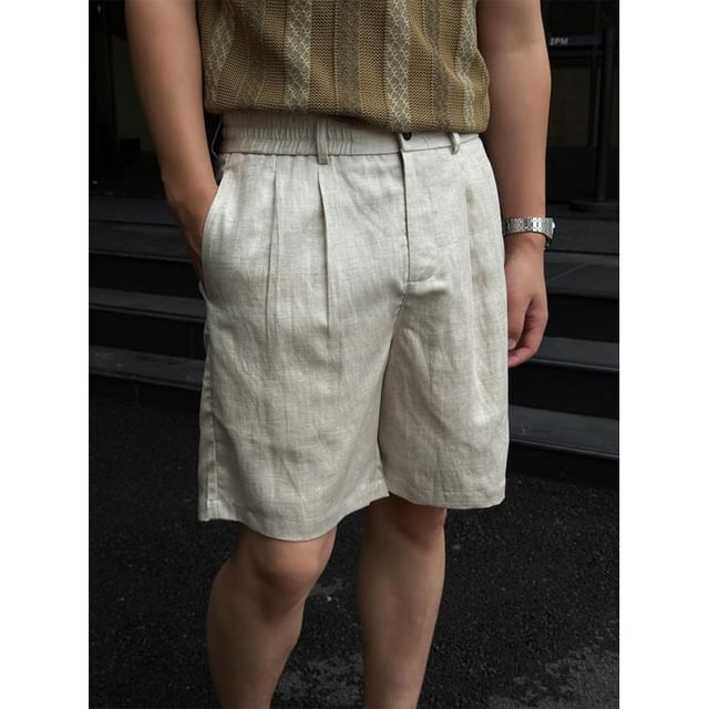 Omozando-Elastic Waist Plain Linen Shorts