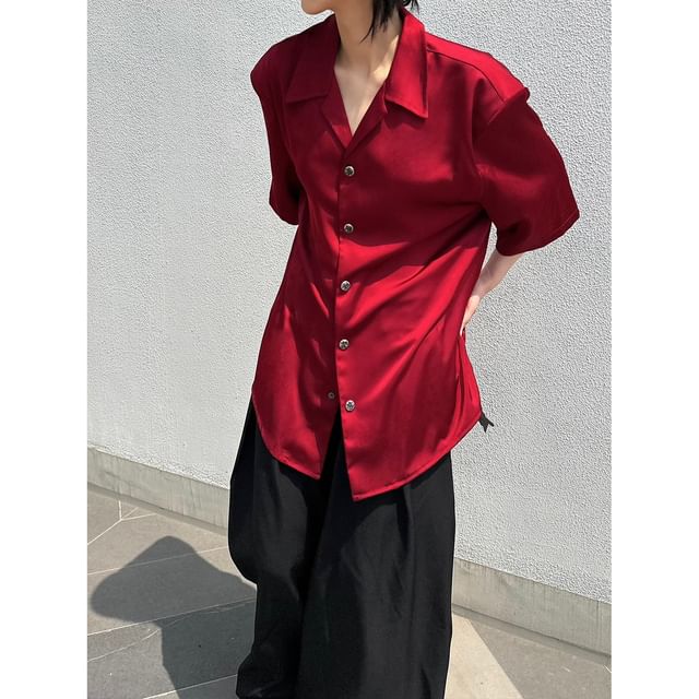 Omozando-Elbow-Sleeve Button-Up Plain Satin Shirt