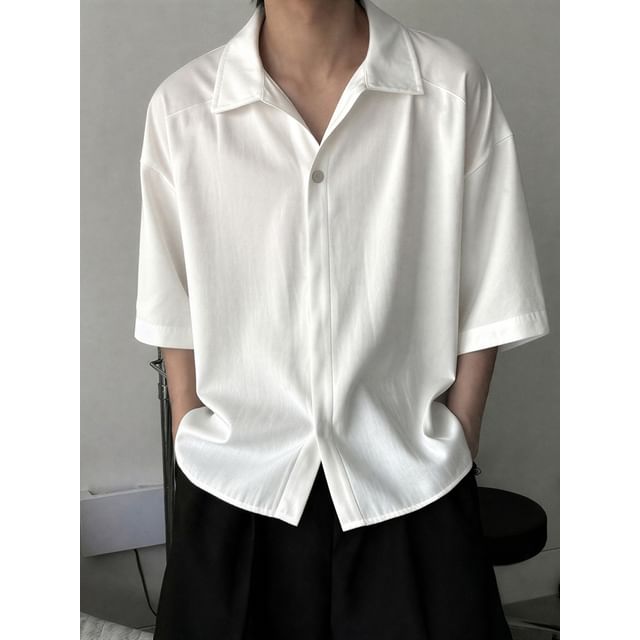 Omozando-Elbow-Sleeve Collared Plain Button Up Shirt