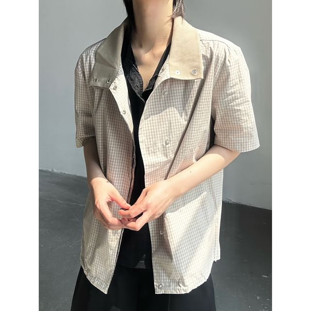 Omozando-Elbow-Sleeve Contrast Collar Plaid Button-Up Shirt Jacket