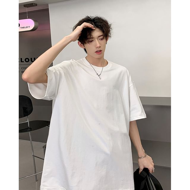 Omozando-Elbow-Sleeve Crew Neck Plain T-Shirt