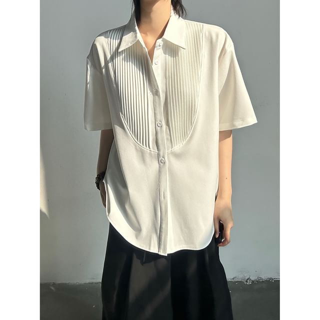 Omozando-Elbow-Sleeve Pintuck Button-Up Plain Shirt