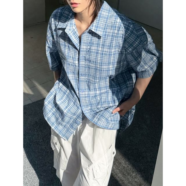 Omozando-Elbow-Sleeve Plaid Button-Up Shirt
