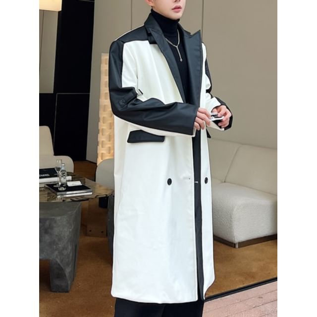 Omozando-Faux Leather Two Tone Double Breasted Long Coat