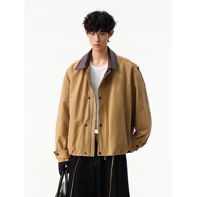 Omozando-Faux Leather Zip-Up Barn Jacket