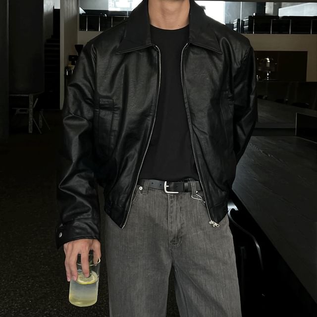 Omozando-Faux Leather Zip-Up Barn Jacket