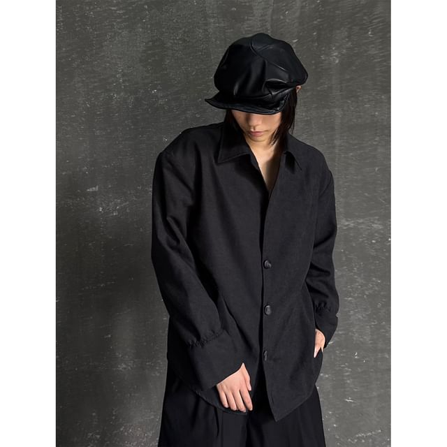 Omozando-Long-Sleeve Button-Up Plain Shirt