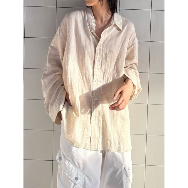 Omozando-Long-Sleeve Button-Up Plain Shirt