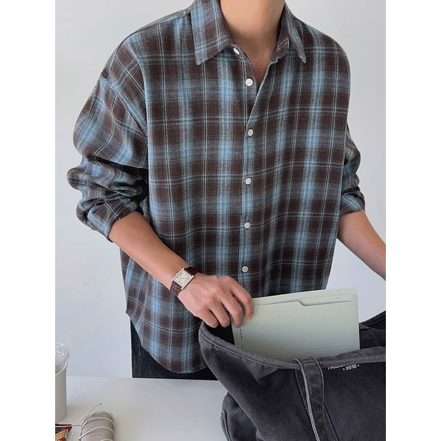 Omozando-Long-Sleeve Collared Plaid Button Up Shirt