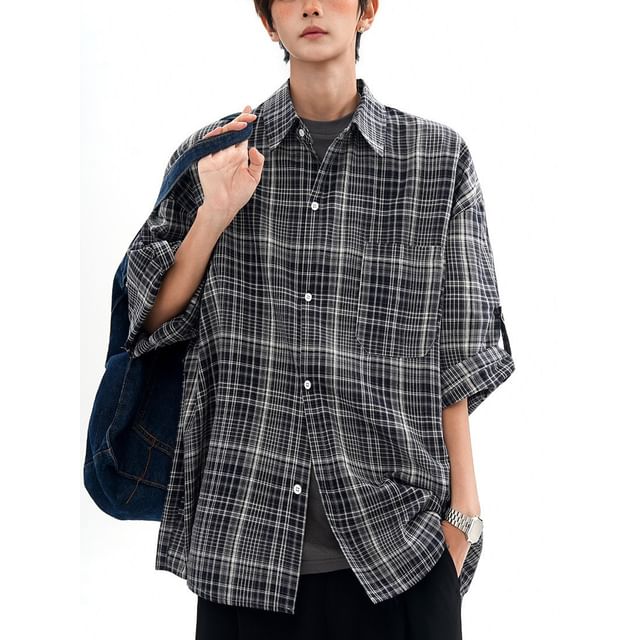 Omozando-Long-Sleeve Collared Plaid Button Up Shirt