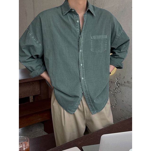 Omozando-Long-Sleeve Collared Washed Button Up Shirt