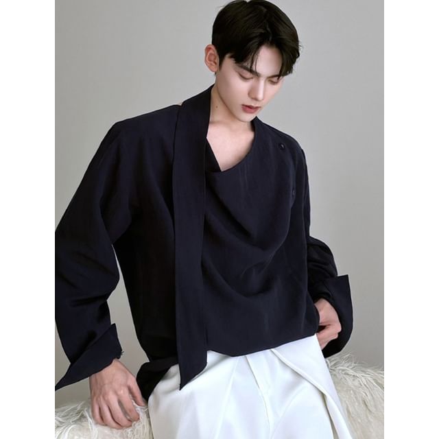 Omozando-Long-Sleeve Cowl Neck Plain Shirt
