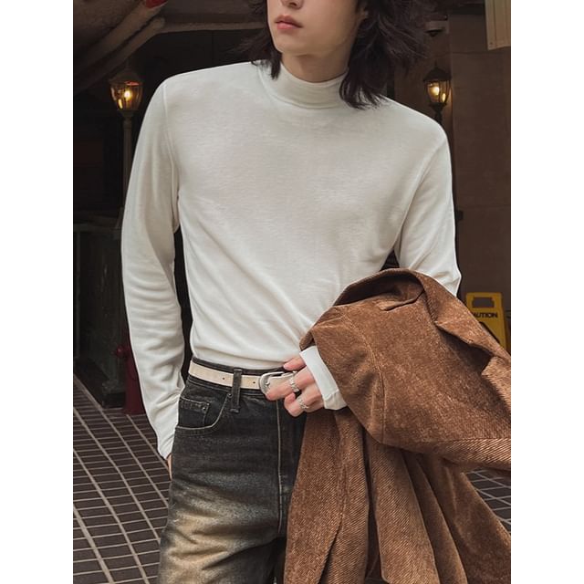 Omozando-Long-Sleeve Mock Neck Plain T-Shirt