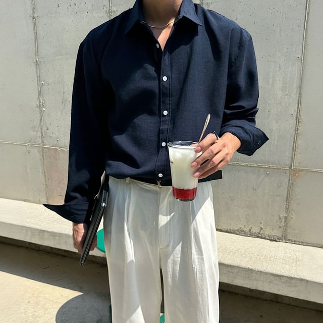 Omozando-Long-Sleeve Plain Shirt