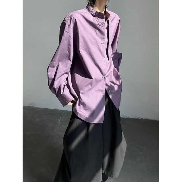 Omozando-Long-Sleeve Stand Collar Button-Up Plain Shirt