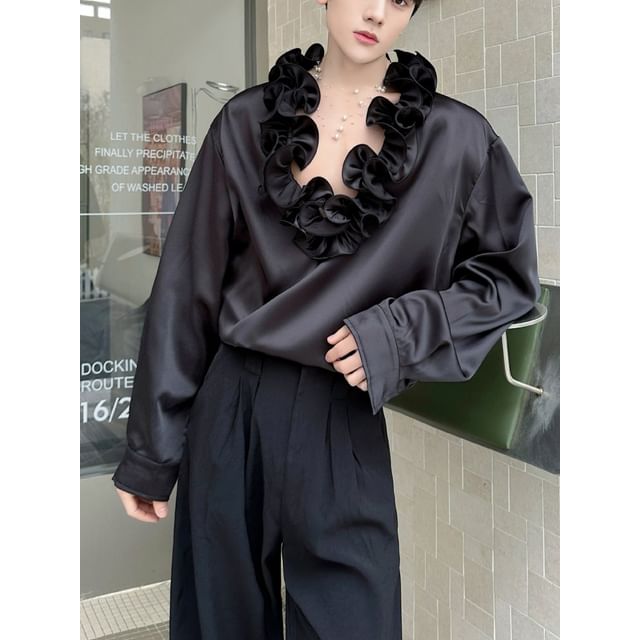 Omozando-Long-Sleeve V-Neck Plain Ruffle Trim Shirt