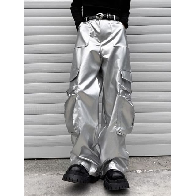 Omozando-Mid Rise Metallic Wide Leg Cargo Pants