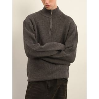 Omozando-Mock Neck Plain Ribbed Half Zip Sweater