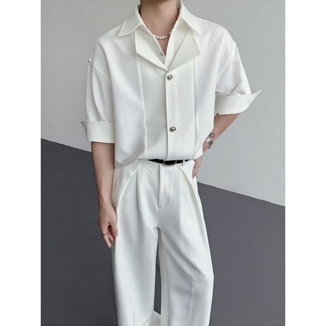 Omozando-Mock Two-Piece 34-Sleeve Button-Up Plain Shirt