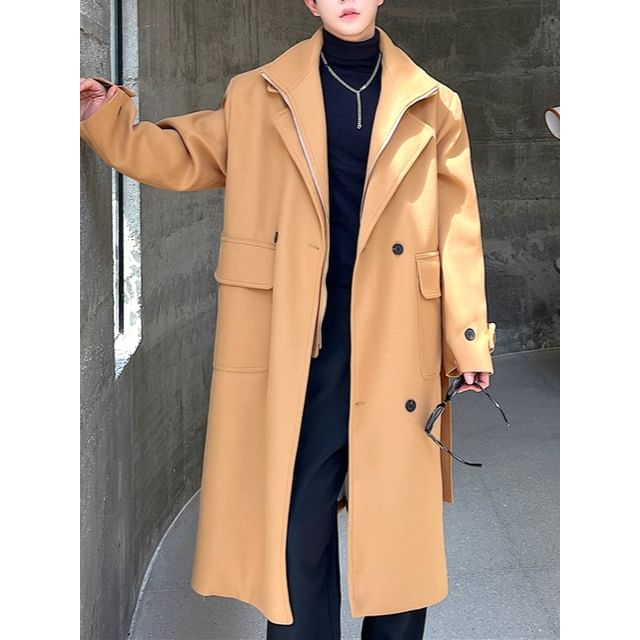Omozando-Mock Two-Piece Double Breasted Plain Long Coat