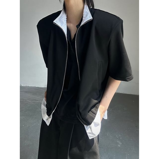Omozando-Mock Two-Piece Elbow-Sleeve Stand Collar Two Tone Zip-Up Jacket