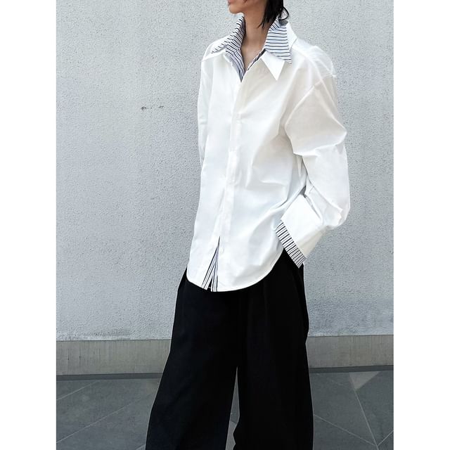 Omozando-Mock Two-Piece Long-Sleeve Striped Panel Button-Up Shirt