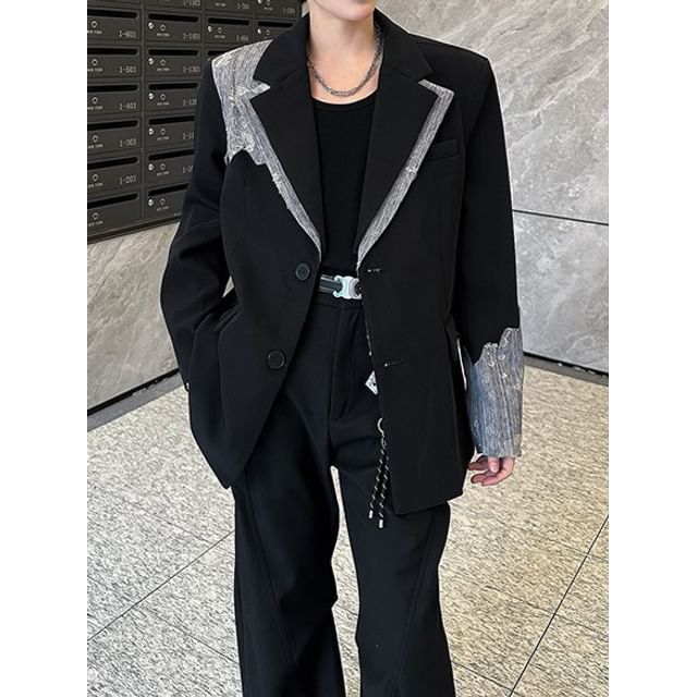 Omozando-Notch Lapel Lace Panel Single-Breasted Blazer