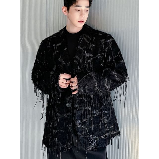 Omozando-Notch Lapel Sequin Fringed Single-Breasted Blazer