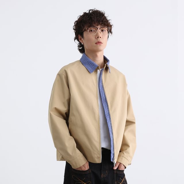 Omozando-Plaid Collar Zip-Up Barn Jacket